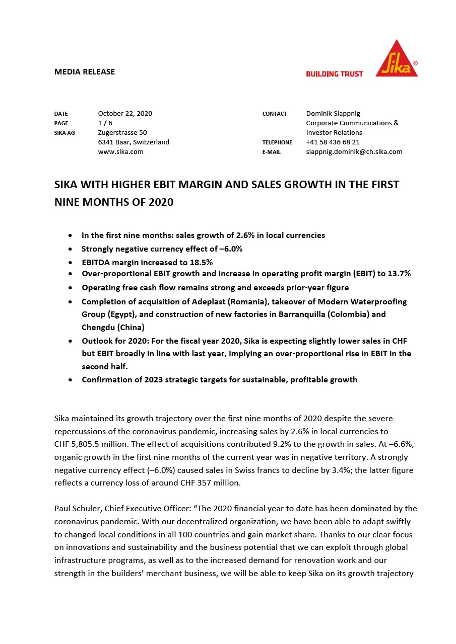 Sika with Higher EBIT Margin and Sales Growth in the First Nine Months of 2020